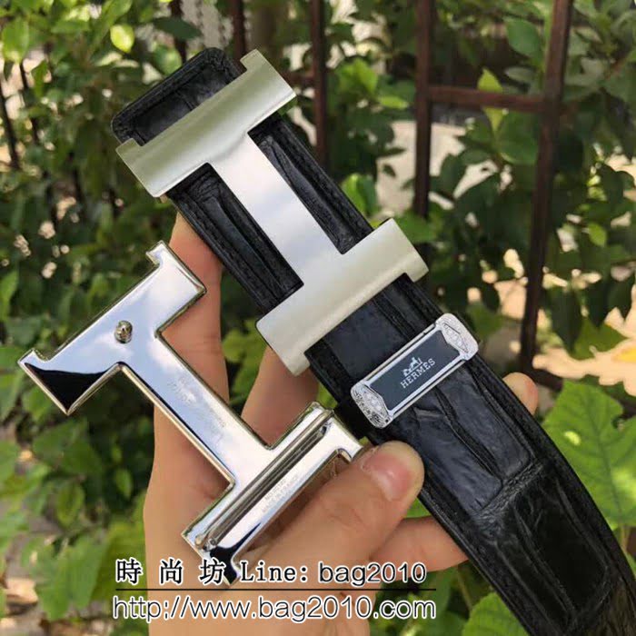 愛馬仕HERMES 純手工美洲鱷魚無拼接肚皮 專櫃原單複刻鋼扣高端男士皮帶 HHG1529